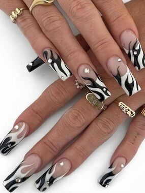 Black & White Flame Acrylic Nail Set with Rhinestones